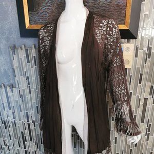 XCVI Women’s Fringe Cardigan Open Front Long mesh sleeves with fringe Top L